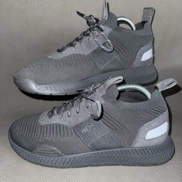 HUGO BOSS Titanium Runn Knit Gray Suede Trainers Sneakers Mens Size 7 (40) - Picture 1 of 8